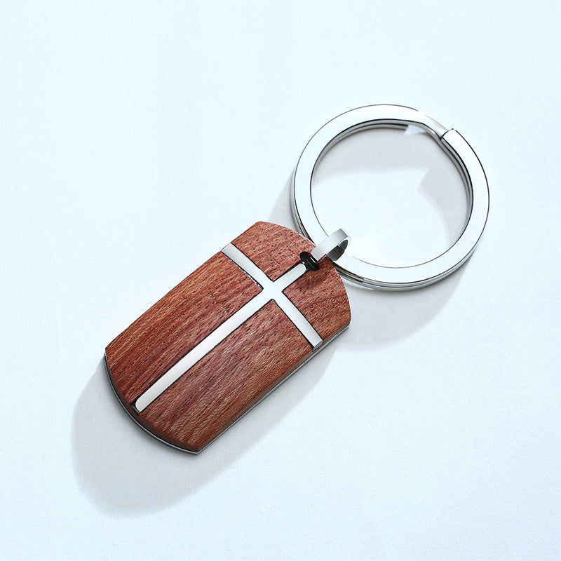 Christian Rosewood Cross Keychain – Titanium Steel Pendant with Elegant Polished Finish