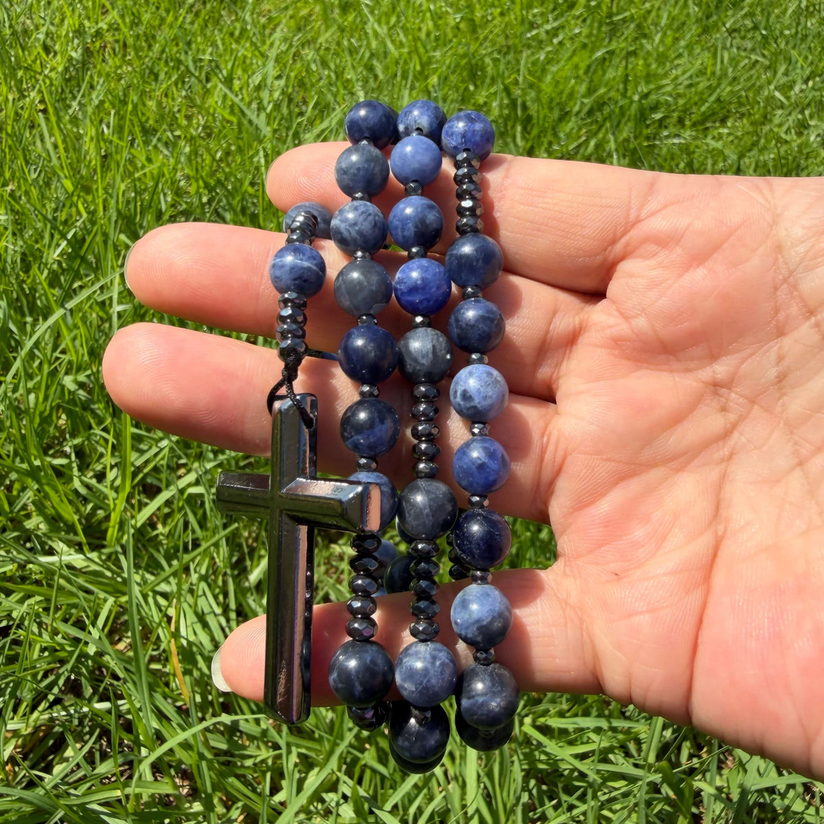 Natural Sodalite Rosary Necklace with Hematite Cross