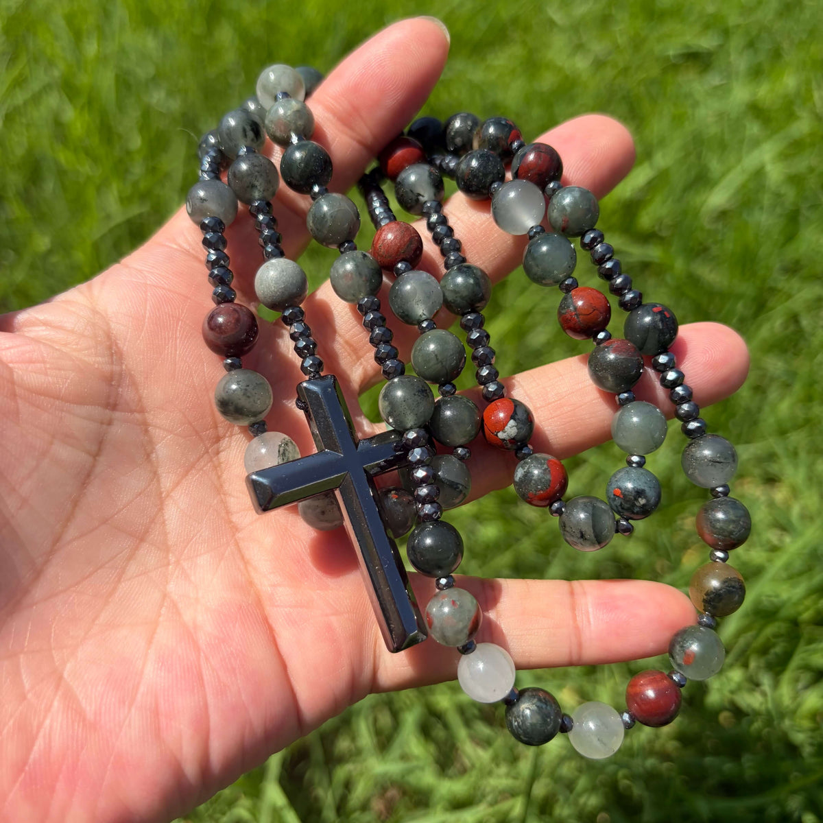 Natural Bloodstone Rosary Necklace with Hematite Cross