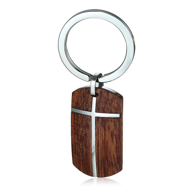 Christian Rosewood Cross Keychain – Titanium Steel Pendant with Elegant Polished Finish