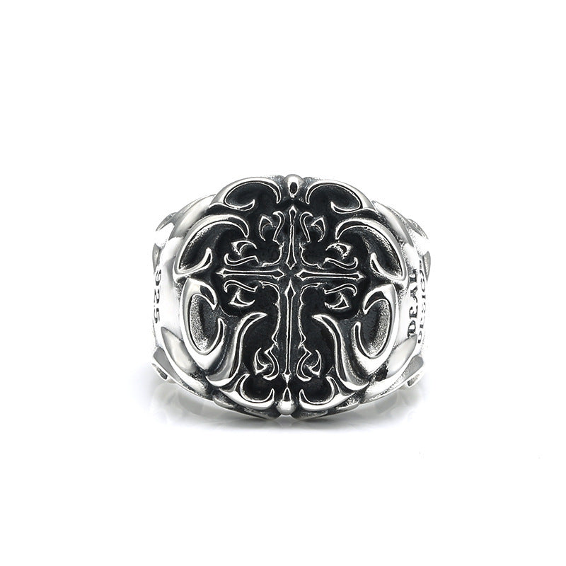 Men's S925 Sterling Silver Cross Ring – Adjustable Open Band | Heavy Industrial Faith Style