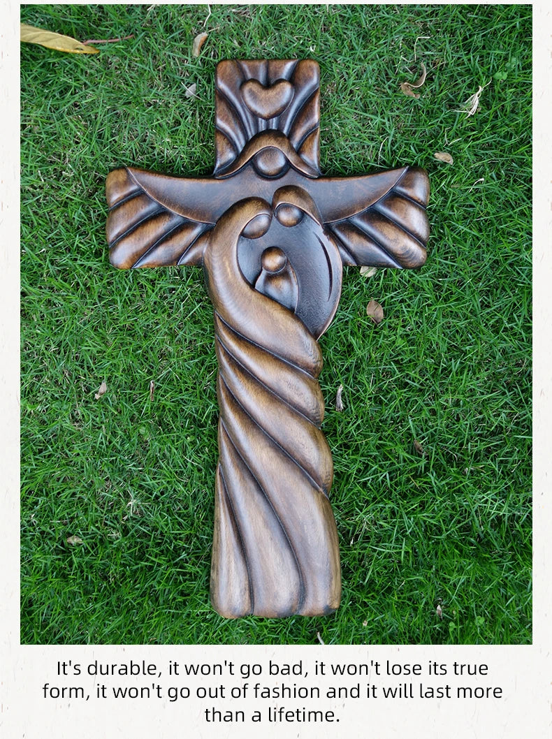 oly Family Wooden Cross Wall Decor - Catholic Religious Art, Rustic Home Decoration, Christian Gift for Christmas, Easter, Baptism