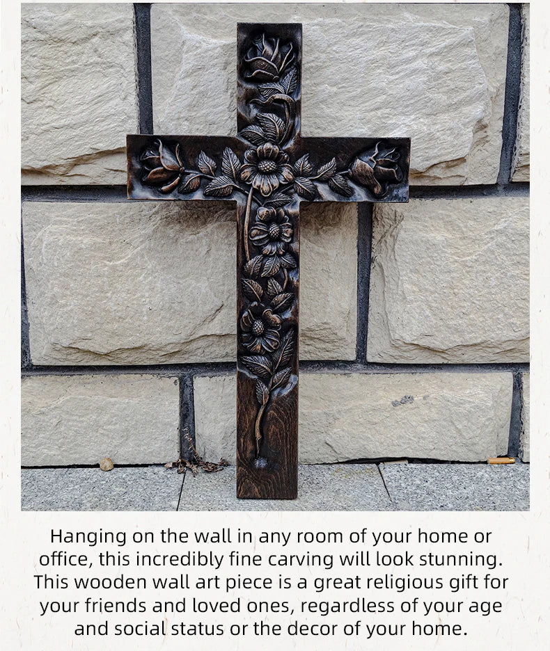 Hand-Carved Wooden Rose Cross - Minimalist Christian Wall Decor, Inspirational Religious Art, Solid Wood Home Blessing
