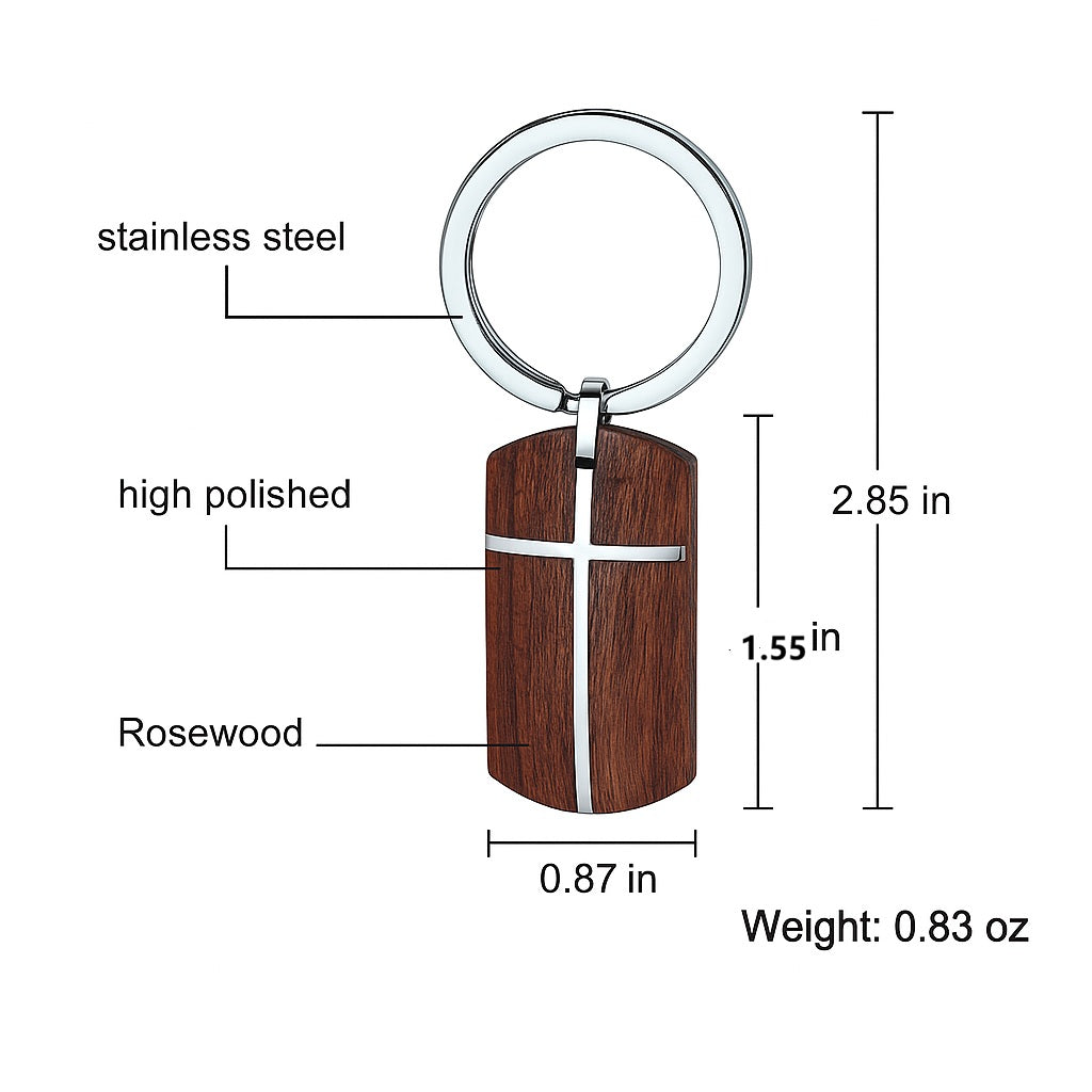 Christian Rosewood Cross Keychain – Titanium Steel Pendant with Elegant Polished Finish