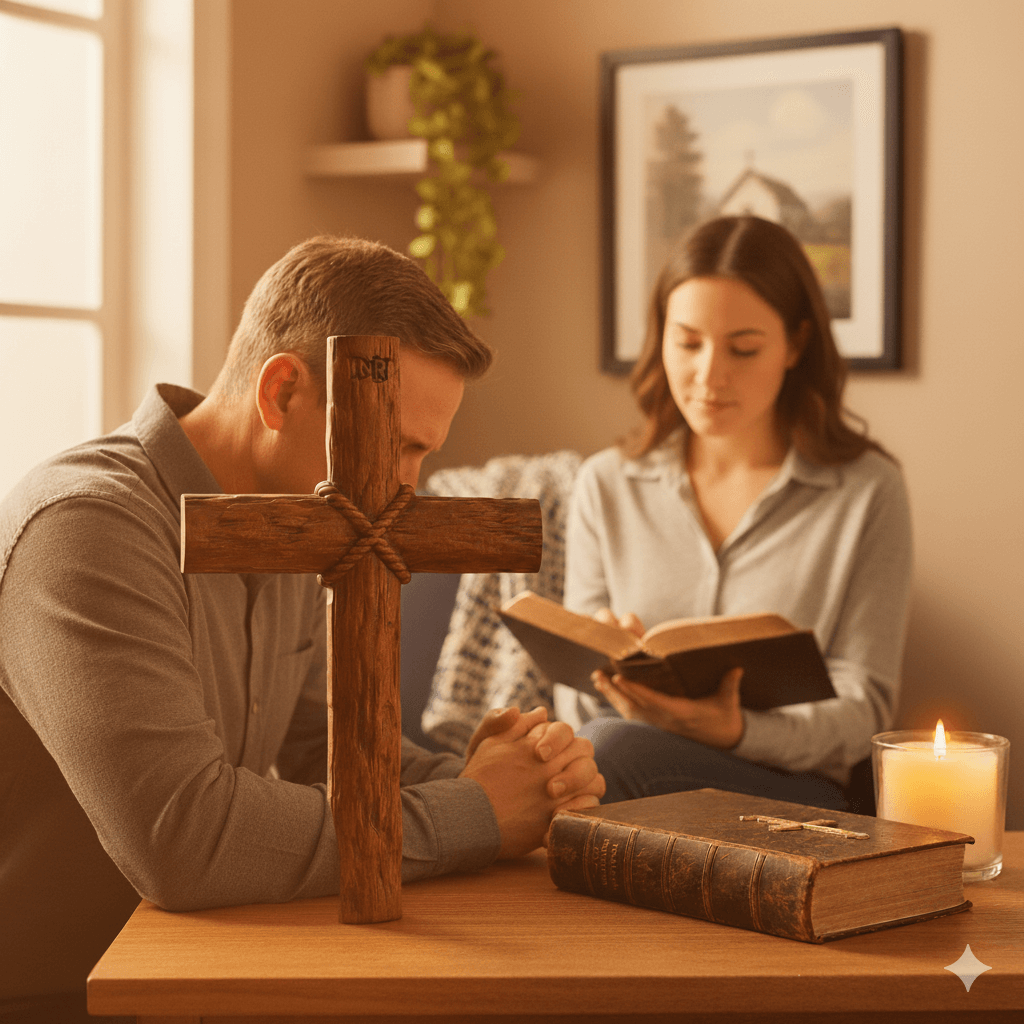 A couple engaged in devotion, with a man praying next to a rustic wooden cross while a woman reads the Bible in a warm, cozy setting.