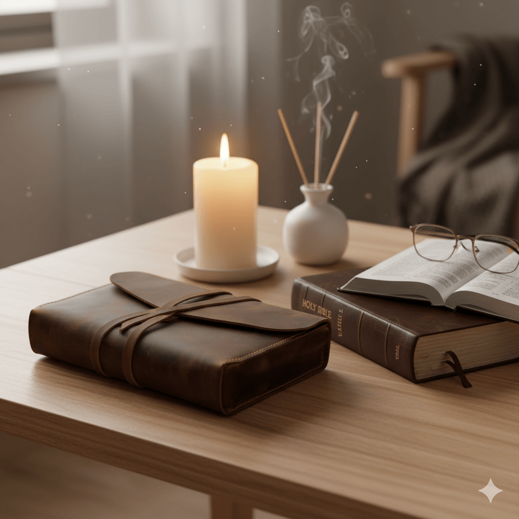 A cozy indoor scene featuring a brown leather book cover with a strap closure resting on a wooden table. Beside it, an open Holy Bible, a lit candle, and a reed diffuser with incense smoke create a warm, inviting ambiance. Glasses are placed on the open Bible.
