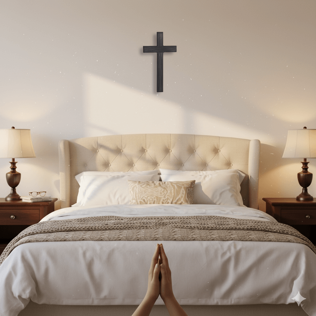 A cozy American bedroom scene with the dark cross accurately sized and mounted on the wall above the bed, featuring hands clasped in prayer.