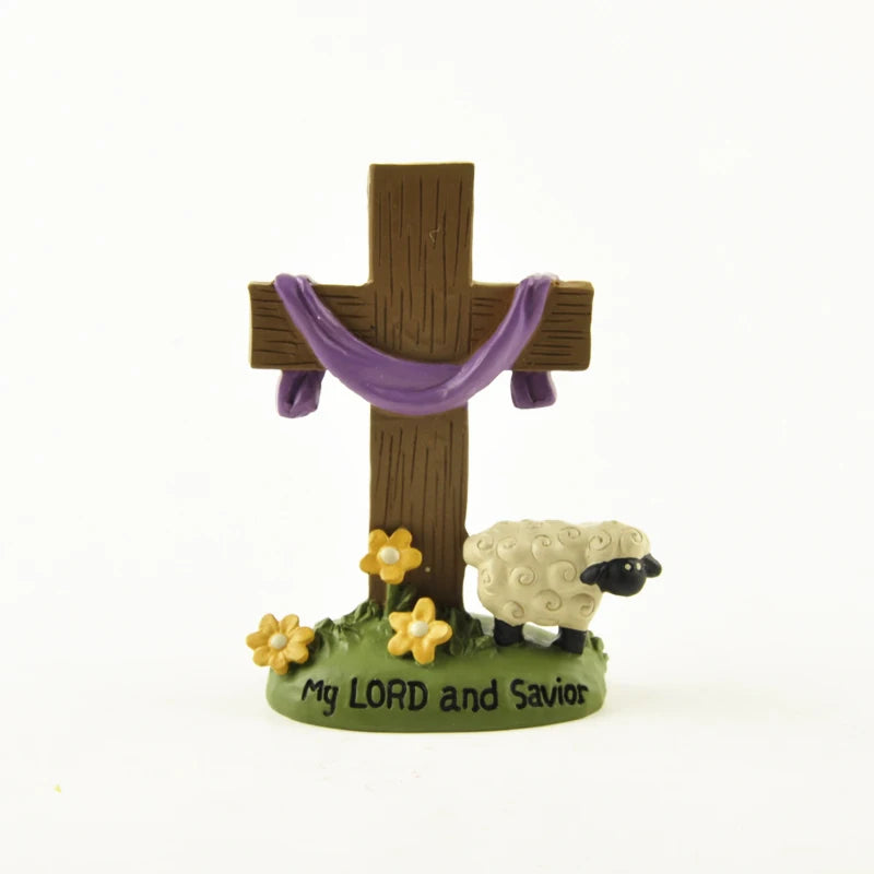"My Lord and Savior" Cross Figurine – Christian Resin Ornament with Lamb & Flowers for Home or Church Decor, Faith Gift