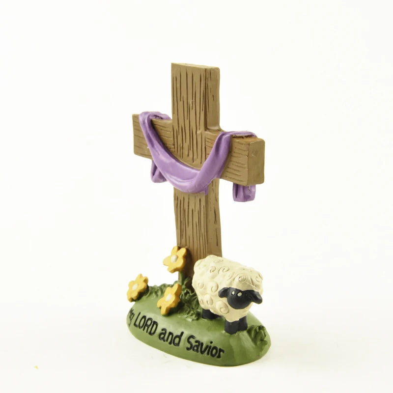 "My Lord and Savior" Cross Figurine – Christian Resin Ornament with Lamb & Flowers for Home or Church Decor, Faith Gift