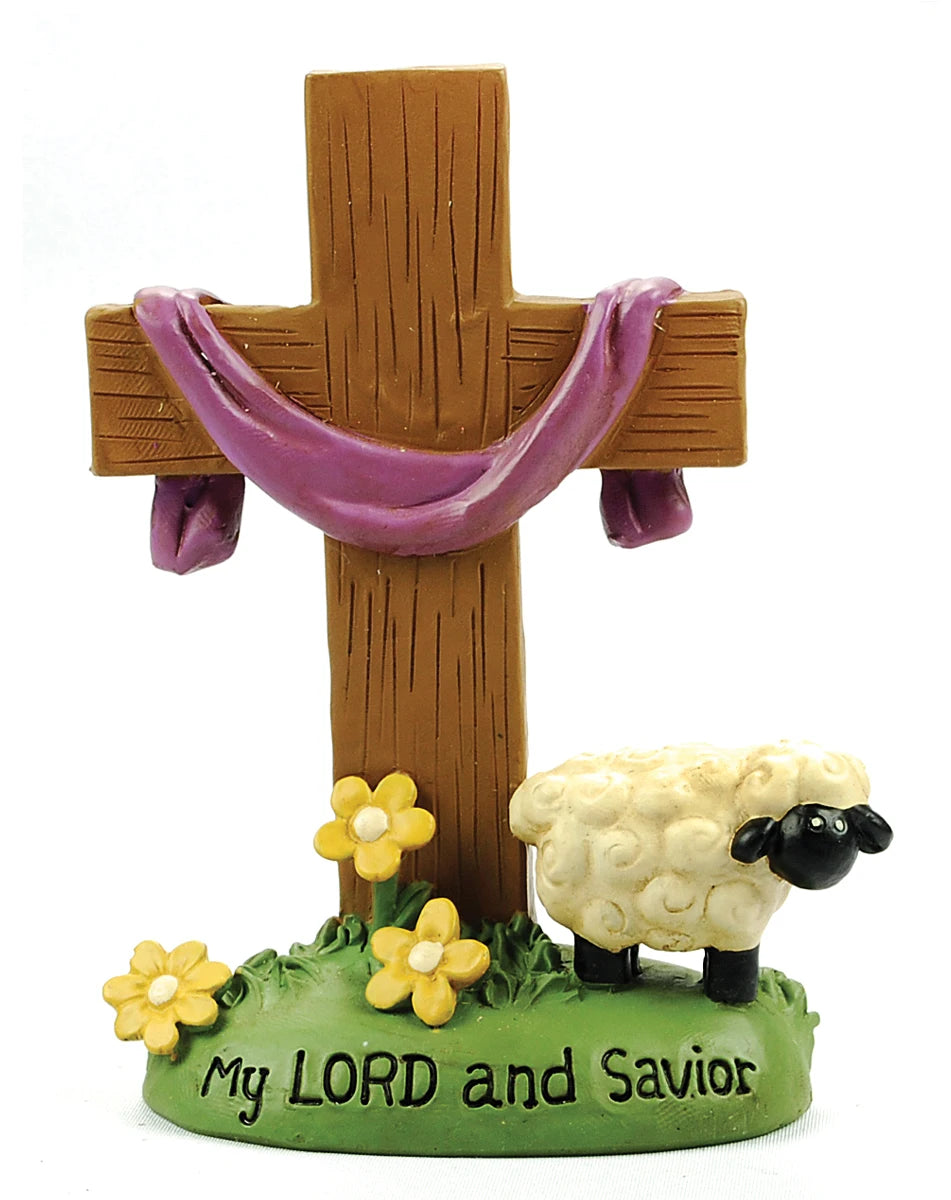 "My Lord and Savior" Cross Figurine – Christian Resin Ornament with Lamb & Flowers for Home or Church Decor, Faith Gift