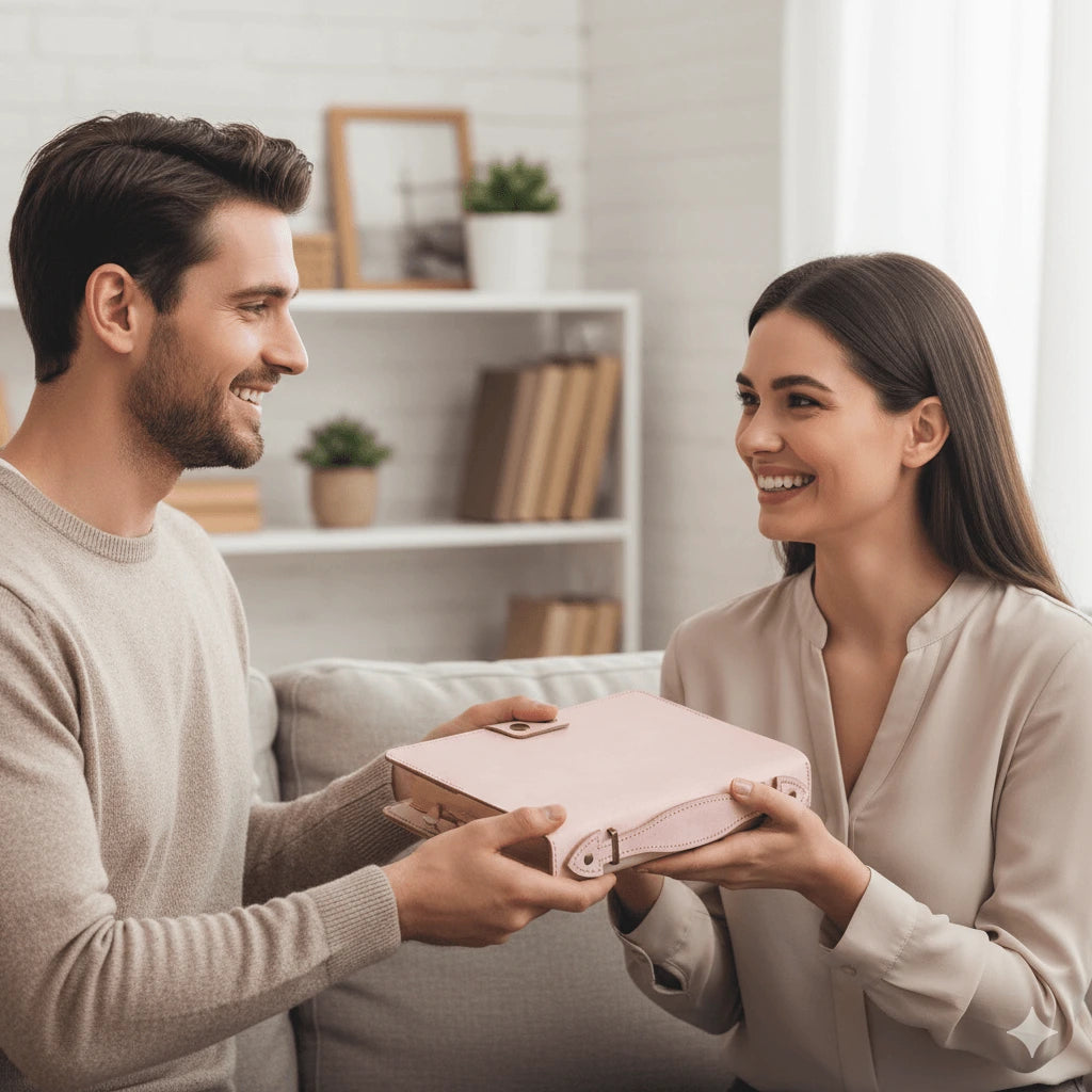 Husband giving luxury pink Bible cover to wife — thoughtful Christian gift for her.