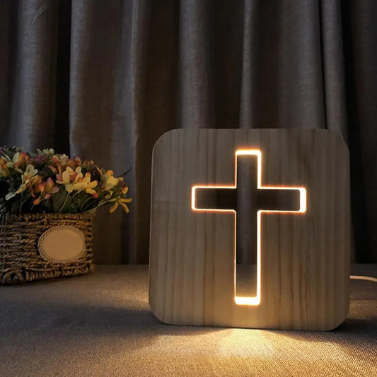 Christian Wooden Cross Night Light – USB LED Table Lamp | 3D Desktop Wooden Cross Light for Home, Prayer Corner & Gift