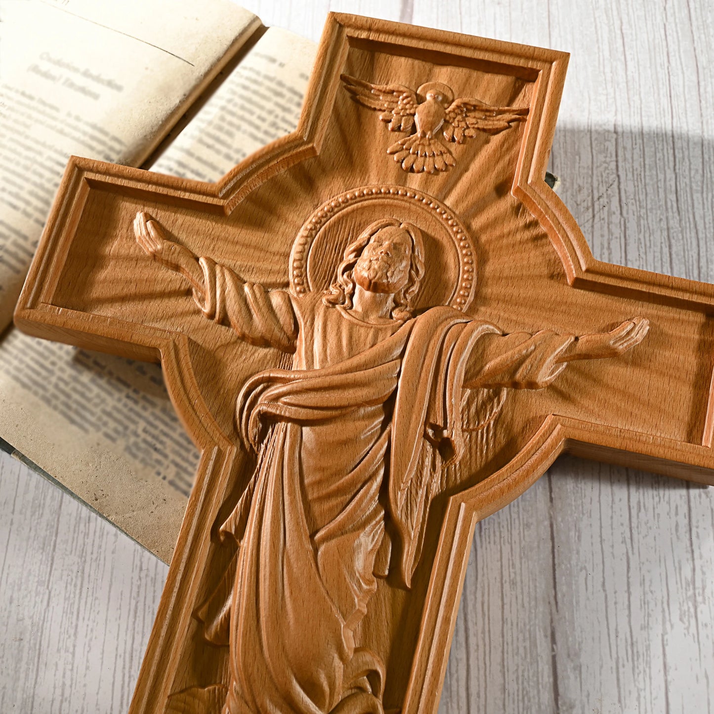 Hand-Carved Wooden Jesus Cross Wall Decor - Solid Beech Wood Religious Wall Art for Home, Church, Office, Baptism or Christmas Gift