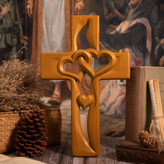 Intertwined Heart Wooden Cross - Hand-Carved Wall Art for Wedding, Anniversary, Valentine's Day, Christian Love Symbol