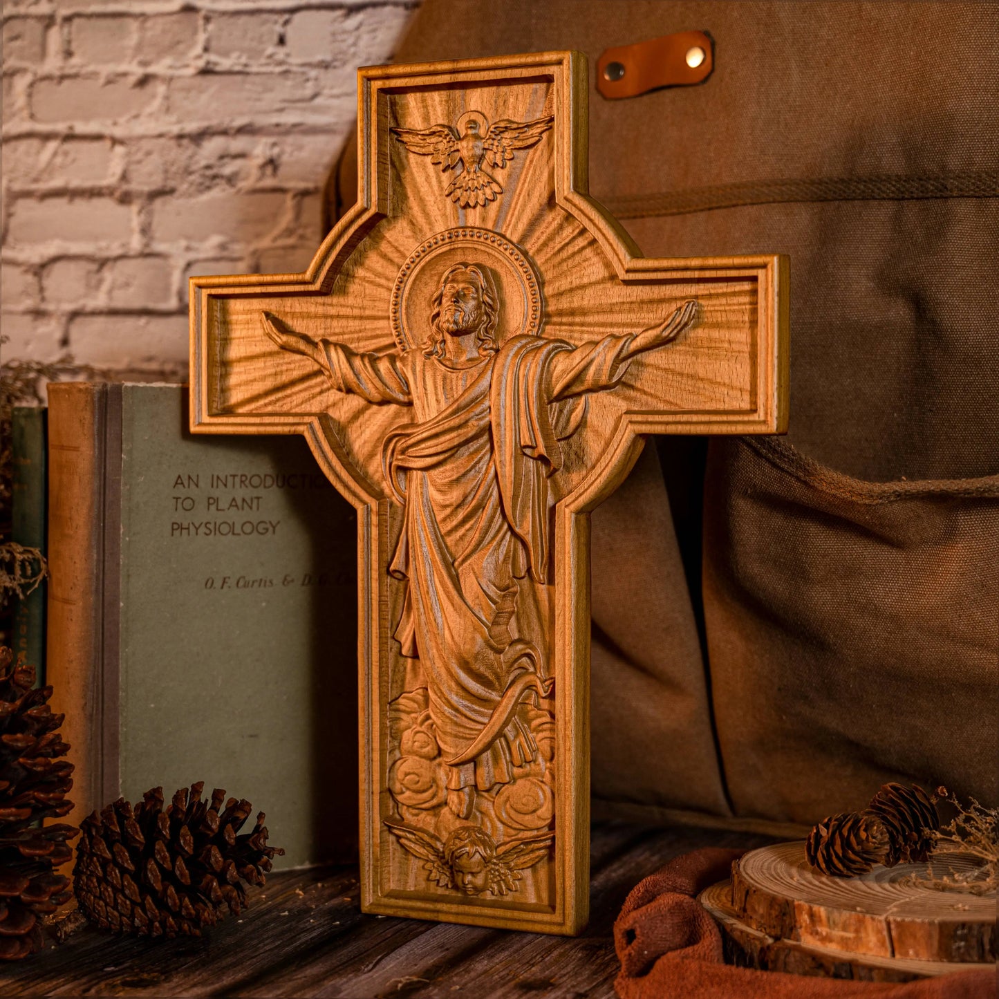 Hand-Carved Wooden Jesus Cross Wall Decor - Solid Beech Wood Religious Wall Art for Home, Church, Office, Baptism or Christmas Gift