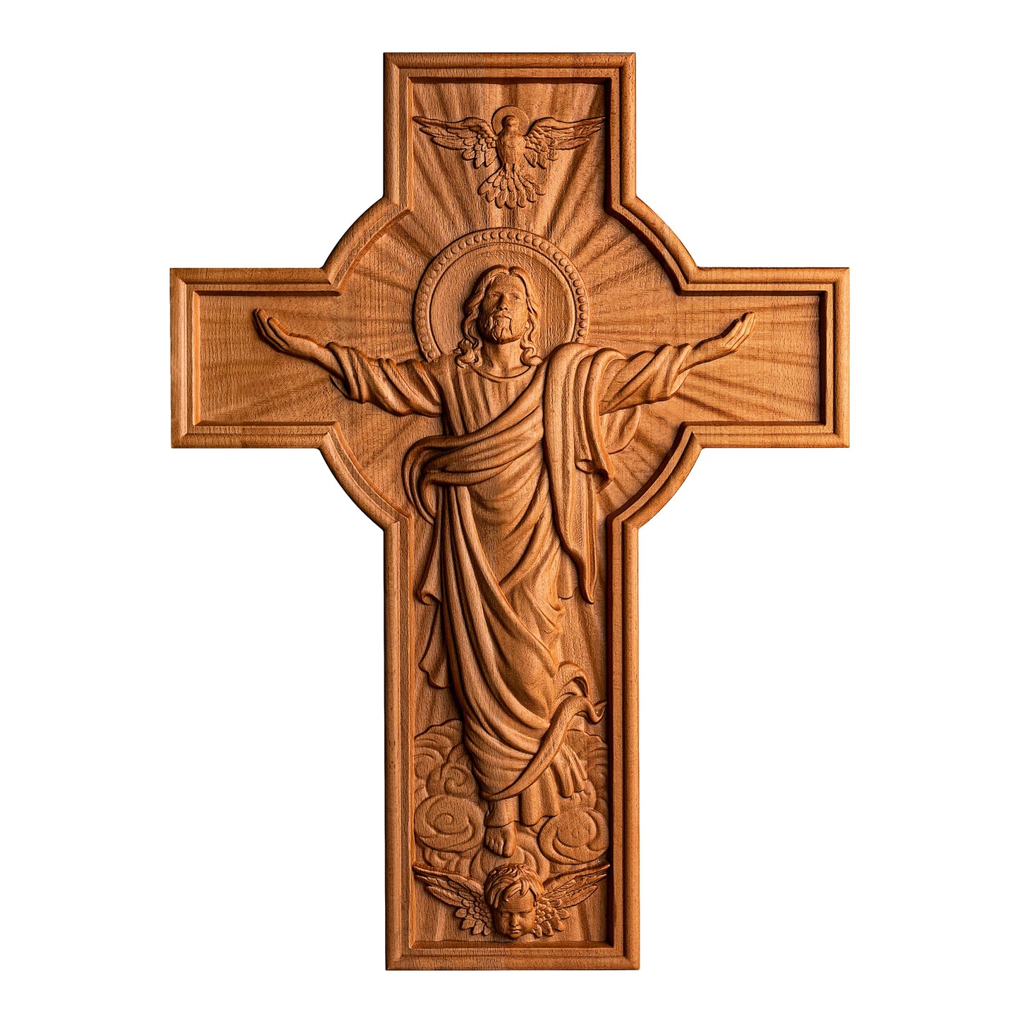 Hand-Carved Wooden Jesus Cross Wall Decor - Solid Beech Wood Religious Wall Art for Home, Church, Office, Baptism or Christmas Gift
