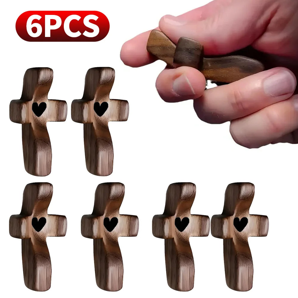 Mini Wooden Comfort Cross โ 1/3/6 PCS Pocket-Sized Hand-Carved Cross, Solid Wood Prayer Token for Faith, Comfort & Christian Gifts