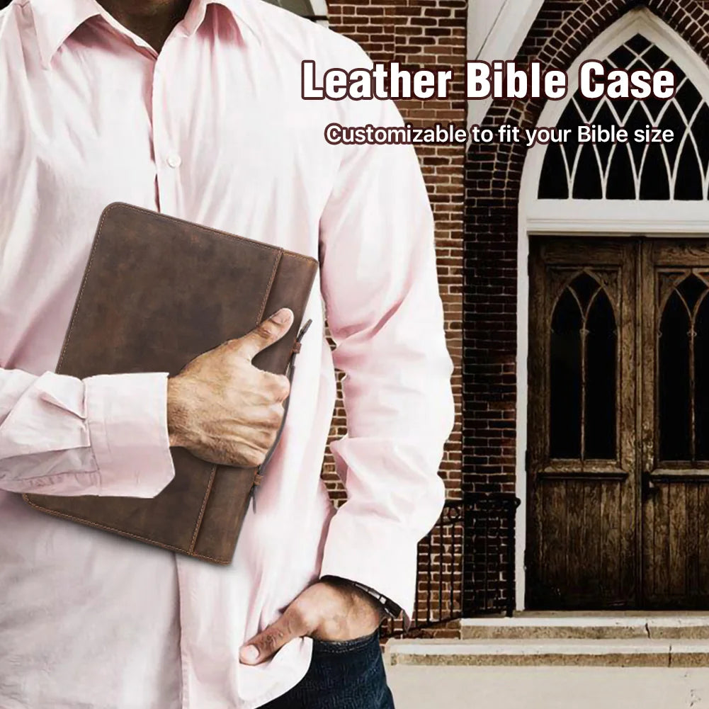 Handmade Genuine Leather Bible Case | Custom Book Cover with Pen Holder & Phone Pocket