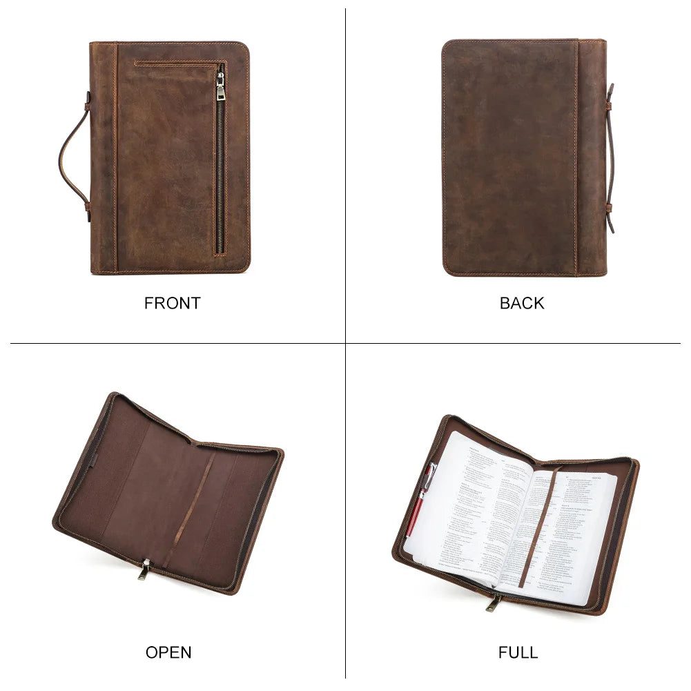 Handmade Genuine Leather Bible Case | Custom Book Cover with Pen Holder & Phone Pocket