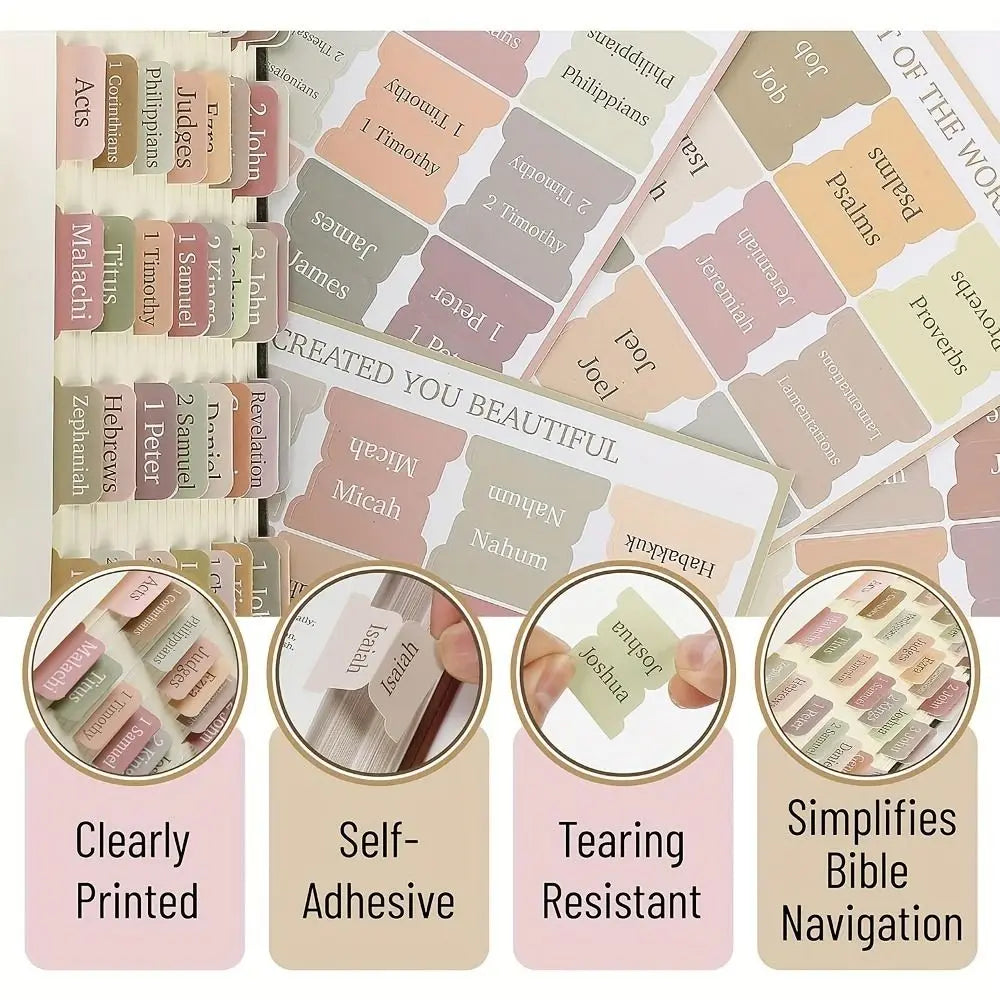 ๐๐บ๐ธ Ships from  CA-USA / 5 Sheets Bible Index Tabs โ Morandi Pastel Laminated Sticky Tabs with Positioning Guide | 75 Durable PVC Stickers for Bible Journaling & Study