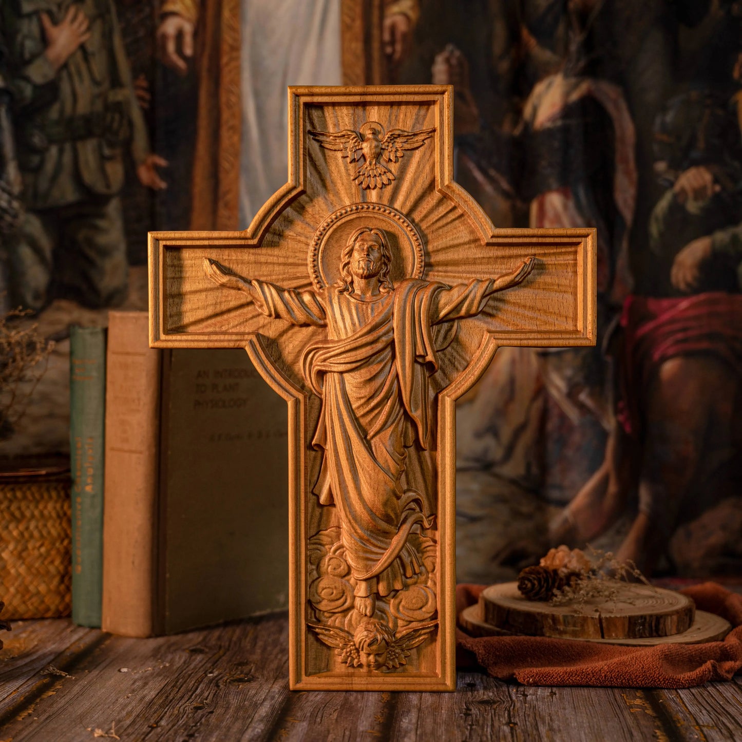 Hand-Carved Wooden Jesus Cross Wall Decor - Solid Beech Wood Religious Wall Art for Home, Church, Office, Baptism or Christmas Gift