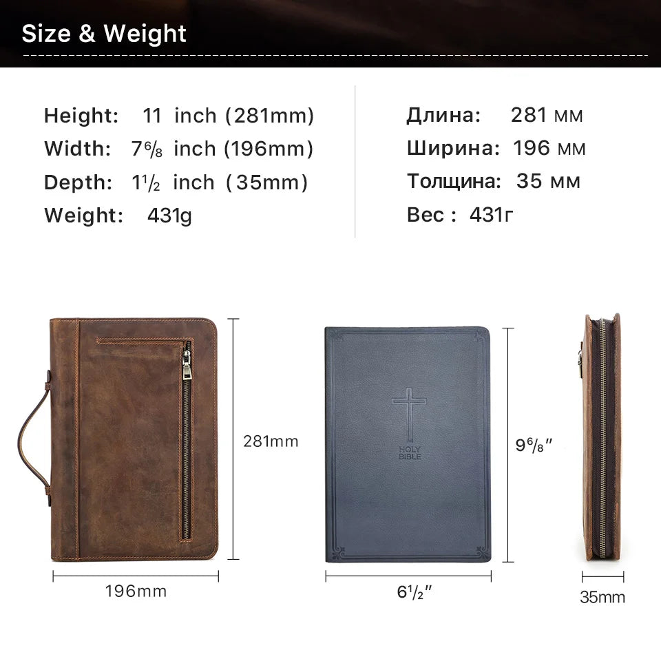 Handmade Genuine Leather Bible Case | Custom Book Cover with Pen Holder & Phone Pocket