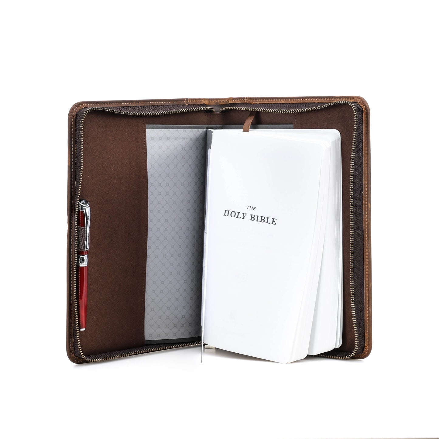 Handmade Genuine Leather Bible Case | Custom Book Cover with Pen Holder & Phone Pocket
