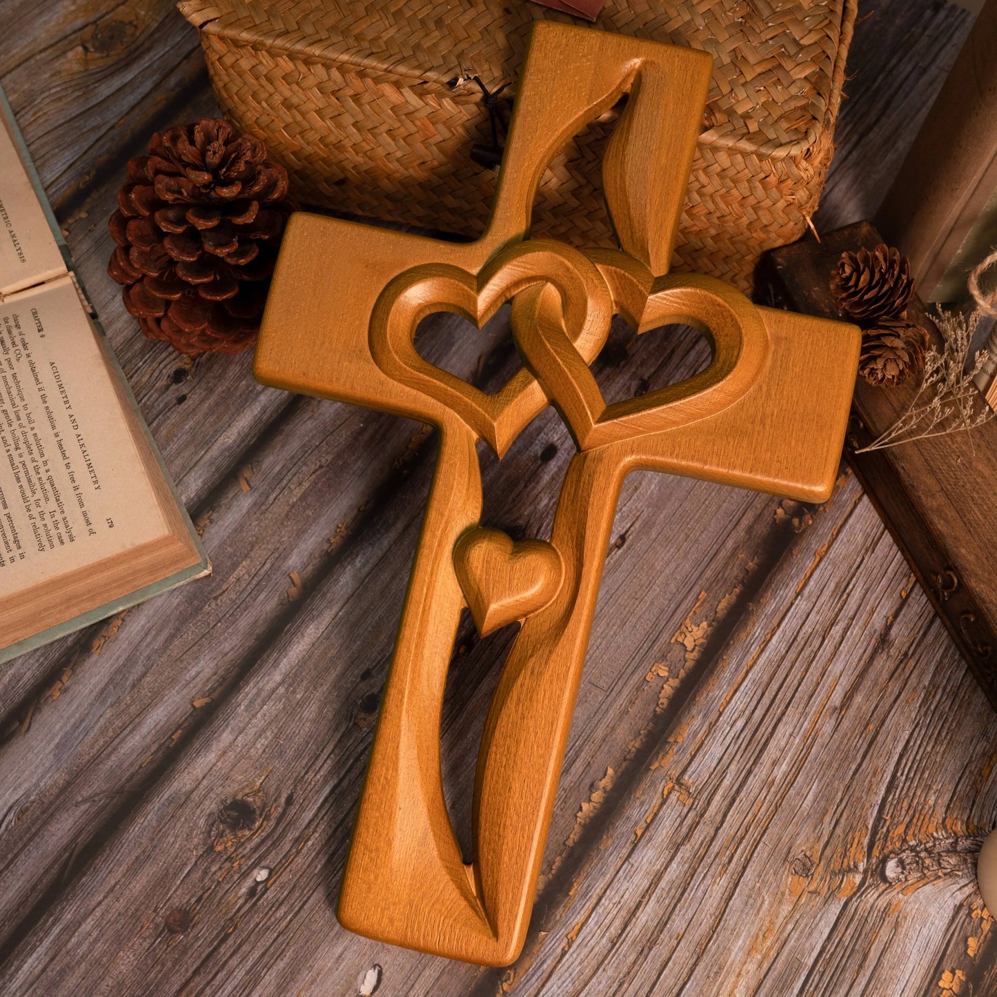 Intertwined Heart Wooden Cross - Hand-Carved Wall Art for Wedding, Anniversary, Valentine's Day, Christian Love Symbol