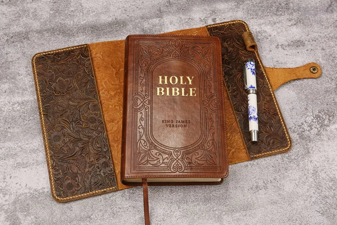 ✨ Currently being restocked. Thank you for your patience!✨ Custom Leather Bible Cover – Embossed KJV Holy Bible Case with Optional Engraving | Hand-Stitched Christian Gift for Women