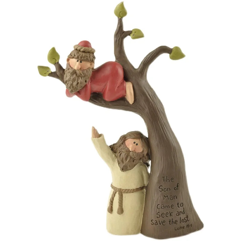 "Zacchaeus and Jesus" Bible Figurine – Resin Tree Scene with Scripture Luke 19:10, Christian Home Decor & Faith Gift
