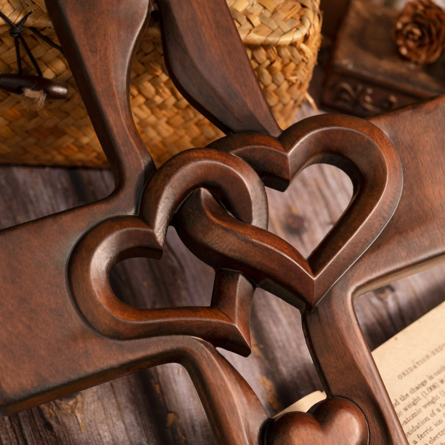 Intertwined Heart Wooden Cross - Hand-Carved Wall Art for Wedding, Anniversary, Valentine's Day, Christian Love Symbol