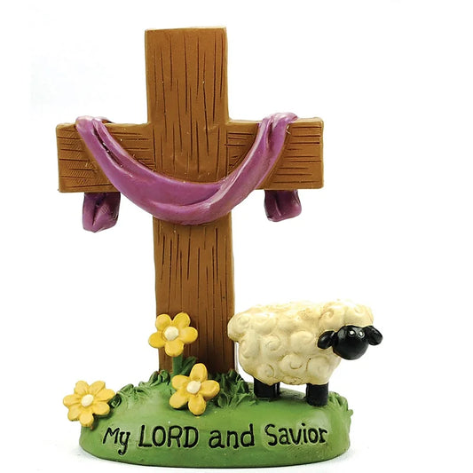 "My Lord and Savior" Cross Figurine – Christian Resin Ornament with Lamb & Flowers for Home or Church Decor, Faith Gift