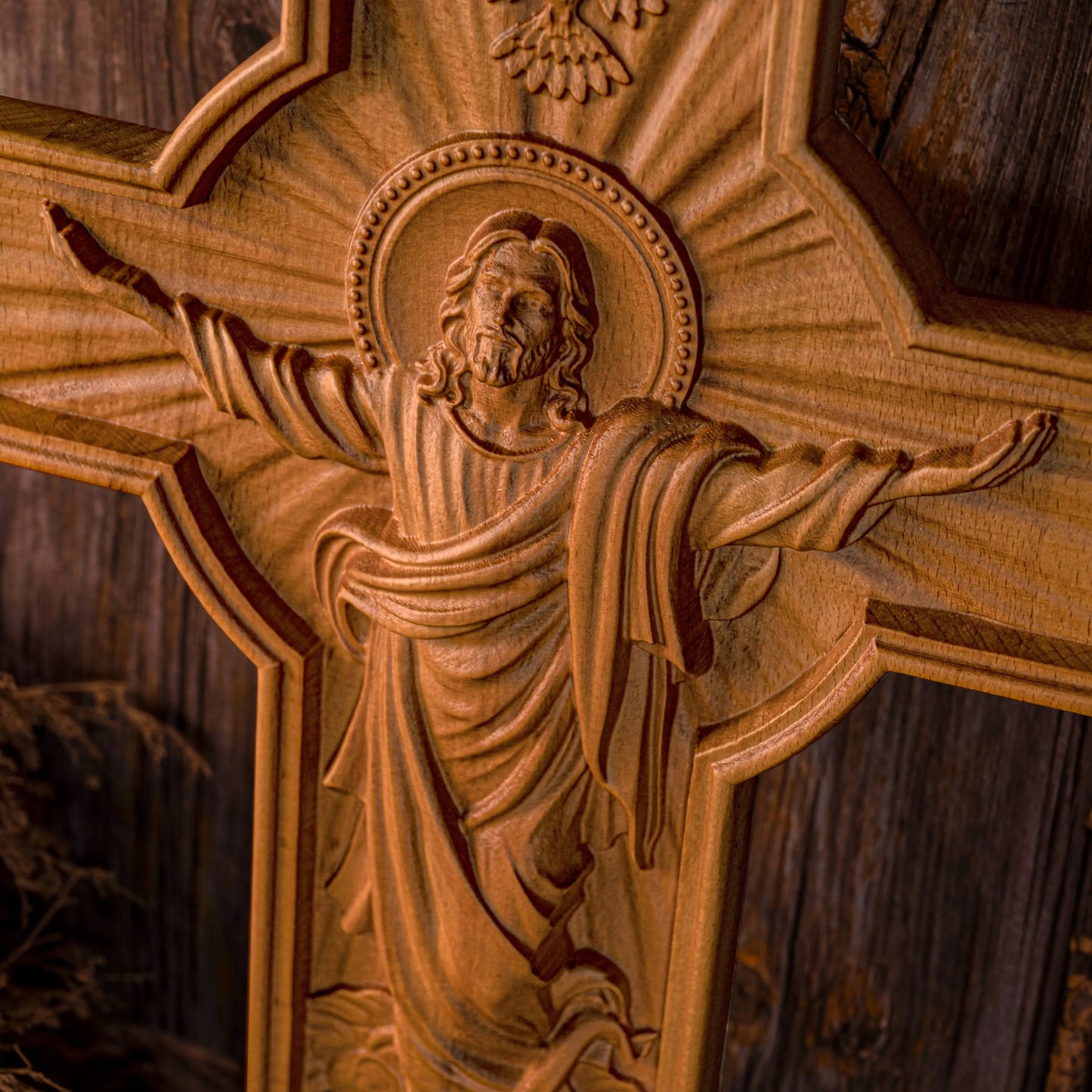 Hand-Carved Wooden Jesus Cross Wall Decor - Solid Beech Wood Religious Wall Art for Home, Church, Office, Baptism or Christmas Gift