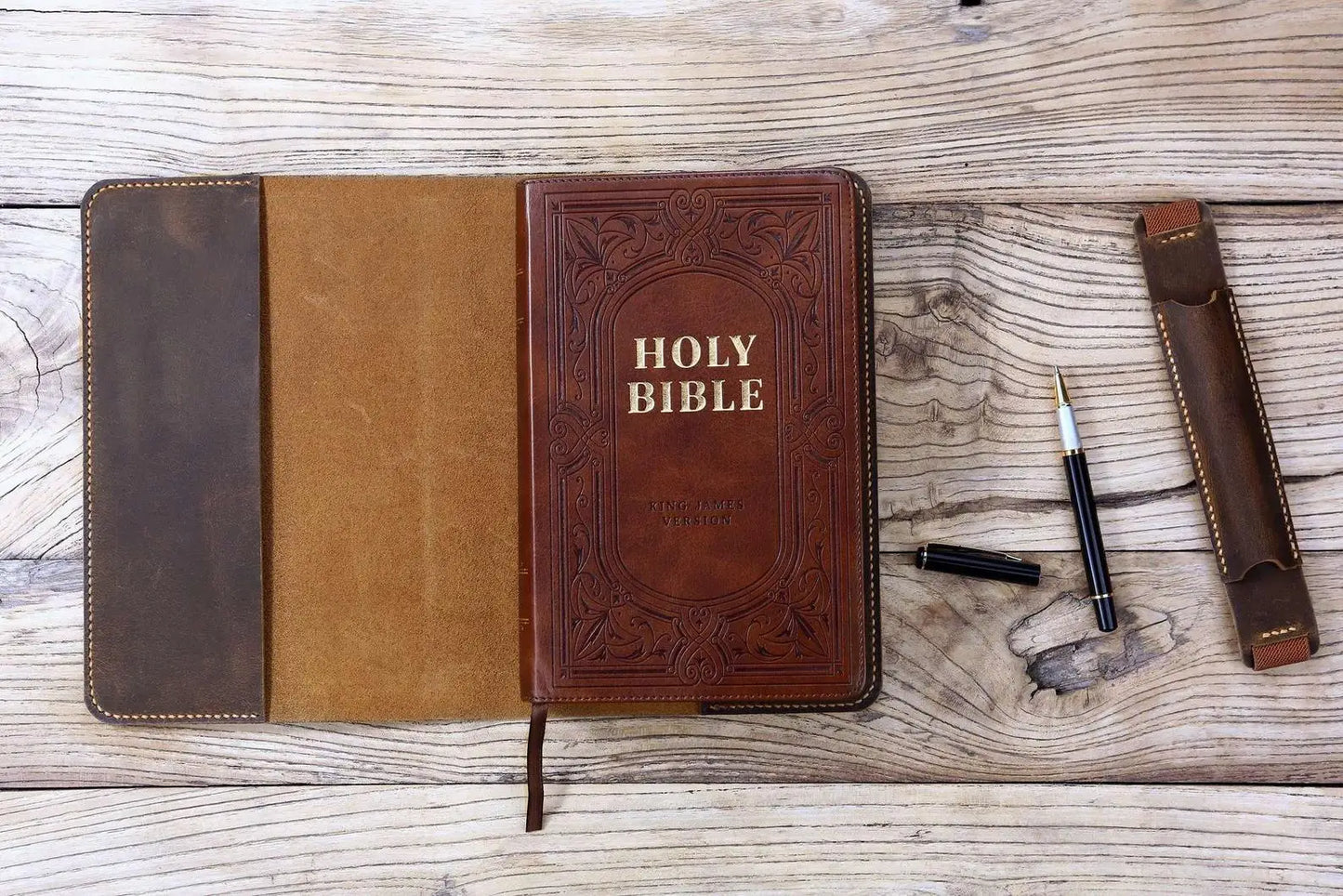 ✨Currently being restocked. Thank you for your patience!✨ Custom Leather Bible Cover for KJV – Free Engraving | Christian Gift for Him & He