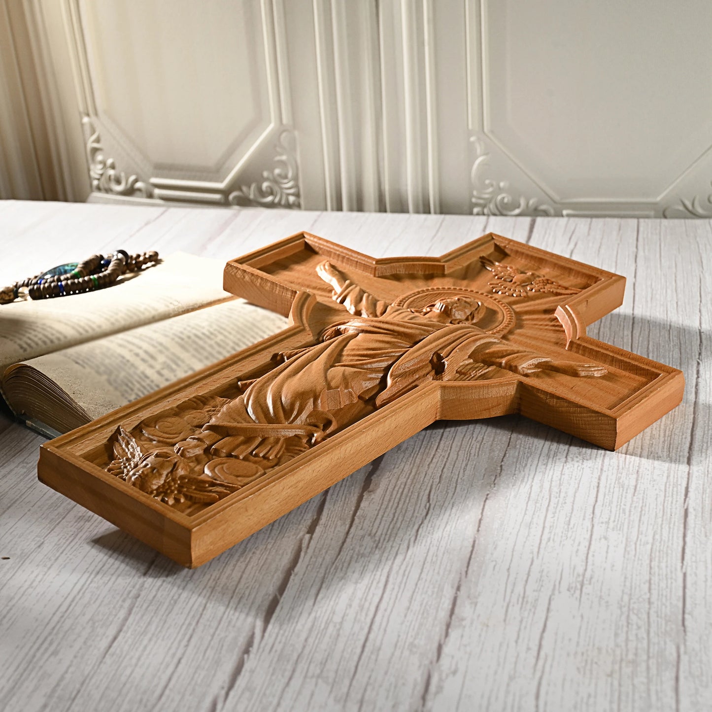 Hand-Carved Wooden Jesus Cross Wall Decor - Solid Beech Wood Religious Wall Art for Home, Church, Office, Baptism or Christmas Gift