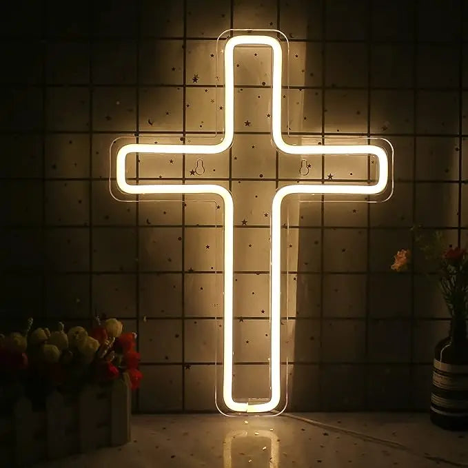Jesus Cross Neon Sign - LED Wall Light for Christian Home Decor, Bedroom, Kid’s Room, Christening Day, Religious Gifts