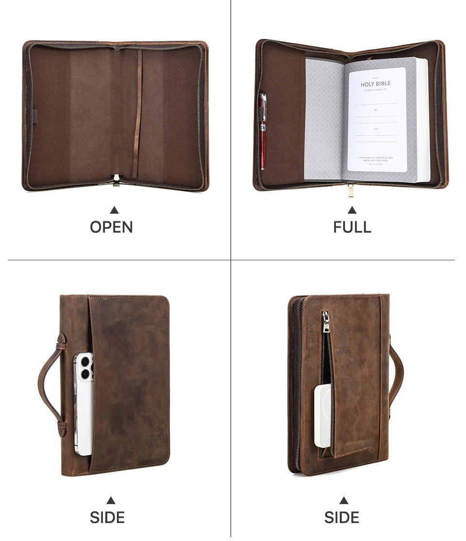 Handmade Genuine Leather Bible Case | Custom Book Cover with Pen Holder & Phone Pocket