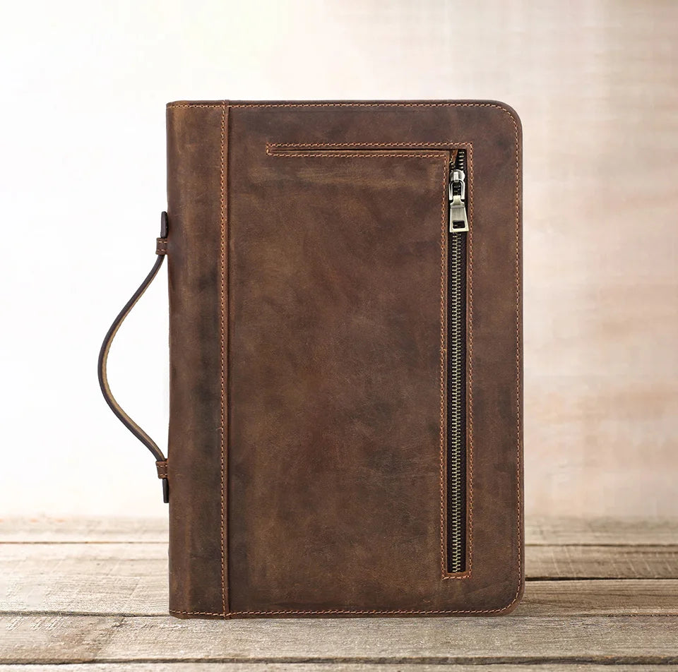 Handmade Genuine Leather Bible Case | Custom Book Cover with Pen Holder & Phone Pocket