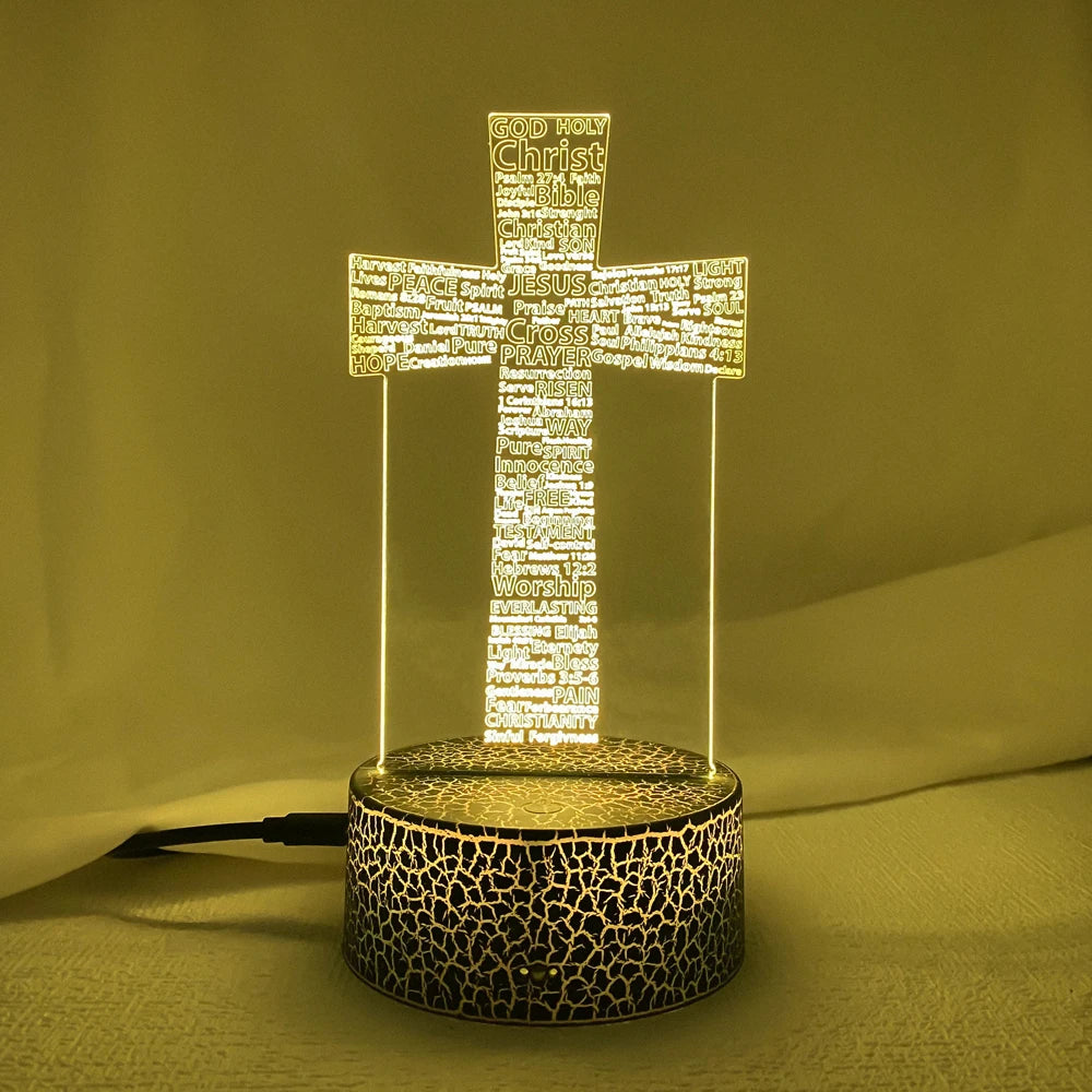 3D LED Christian Night Light – Laser-Engraved Psalm & Cross Design | 7/16 Color USB Table Lamp for Bedroom, Prayer Corner, or Gift