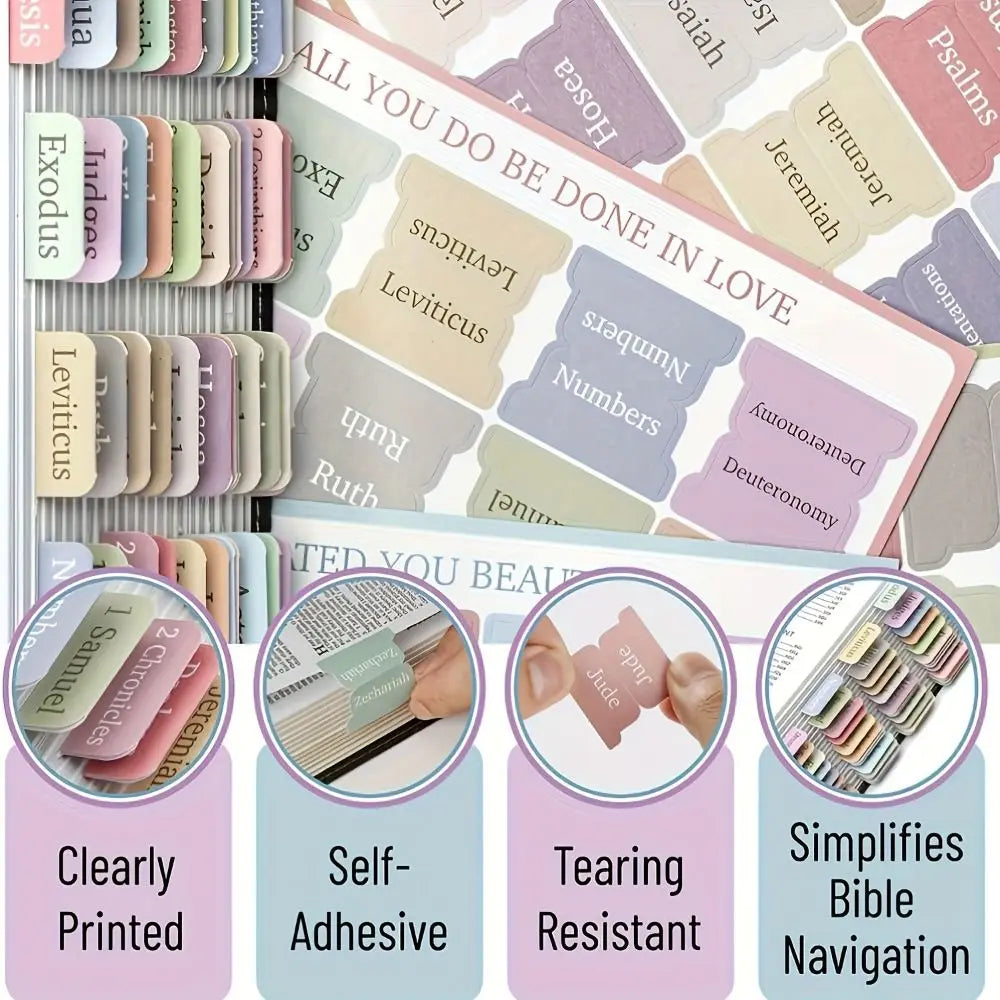 ๐๐บ๐ธ Ships from  CA-USA / 5 Sheets Bible Index Tabs โ Morandi Pastel Laminated Sticky Tabs with Positioning Guide | 75 Durable PVC Stickers for Bible Journaling & Study
