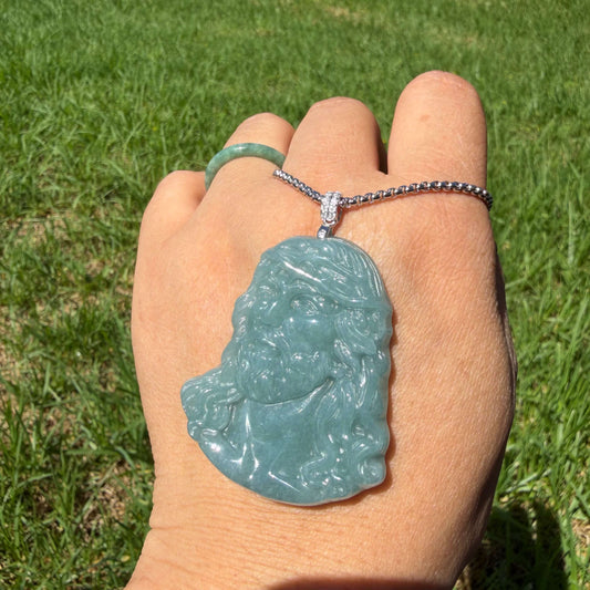 Natural Grade A Blue Water Jadeite Jesus Carving Pendant - close-up detail
