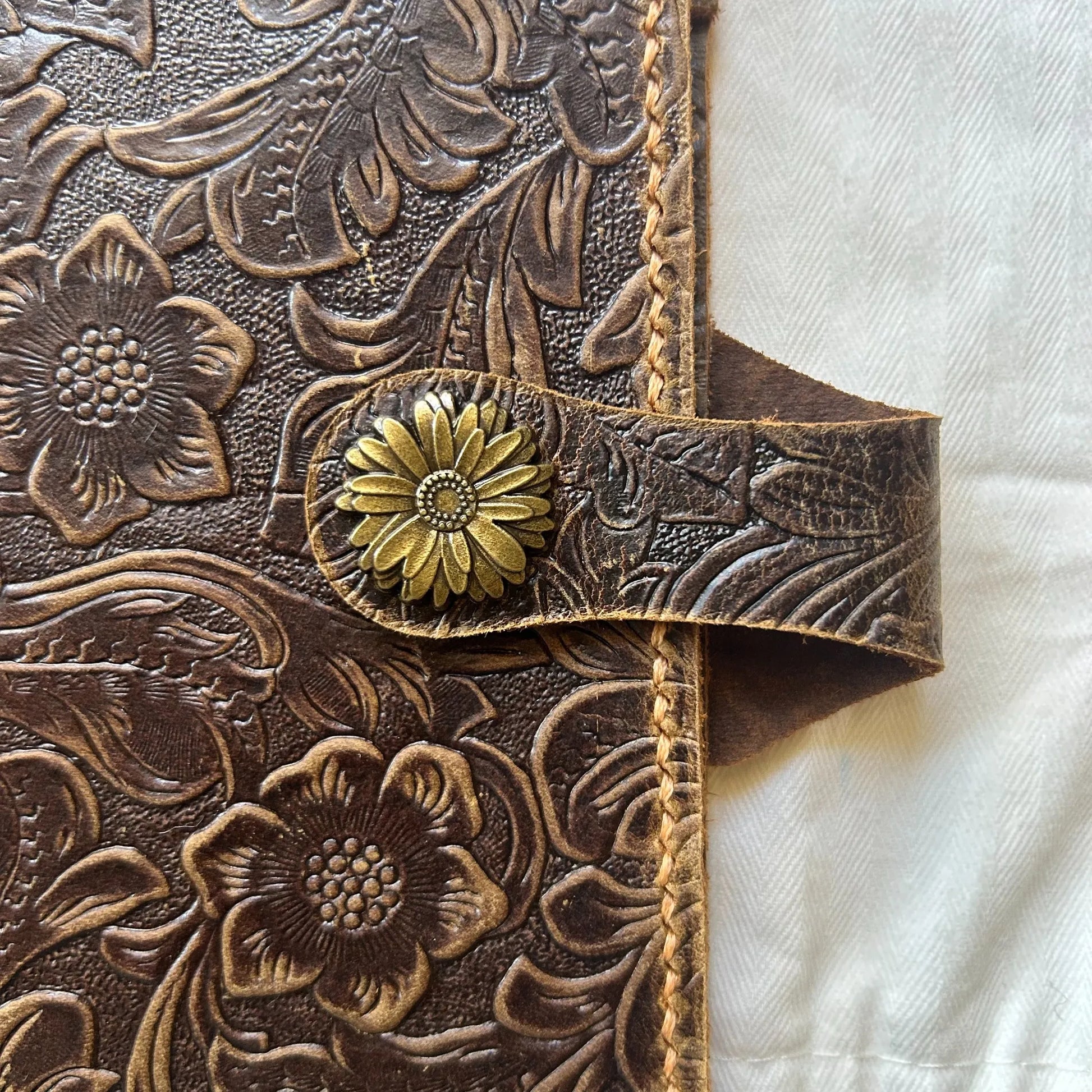 Close-up of embossed floral leather texture and stitching