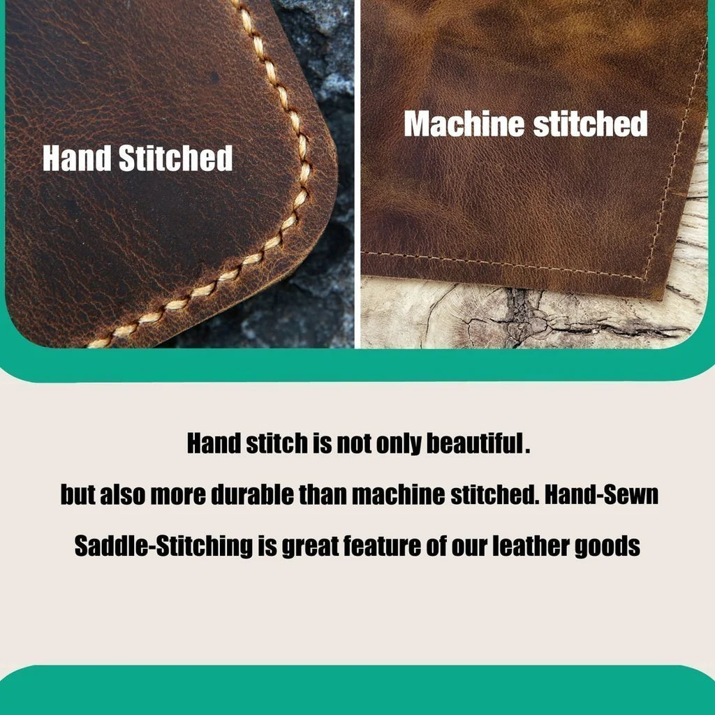 Comparison image showing the difference and durability of "Hand Stitched" (Saddle Stitching) versus "Machine Stitched" leather.