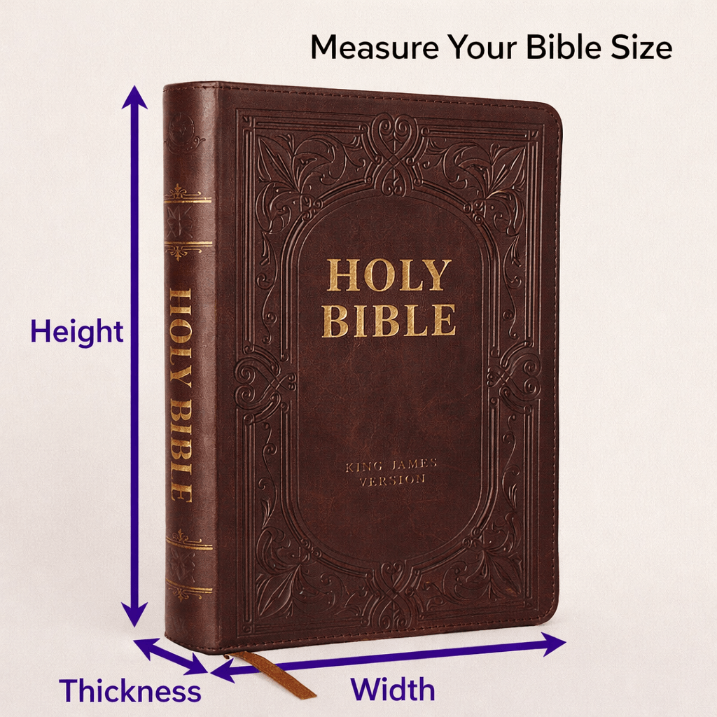 How to measure Bible size including height, width, and thickness for a custom leather Bible cover