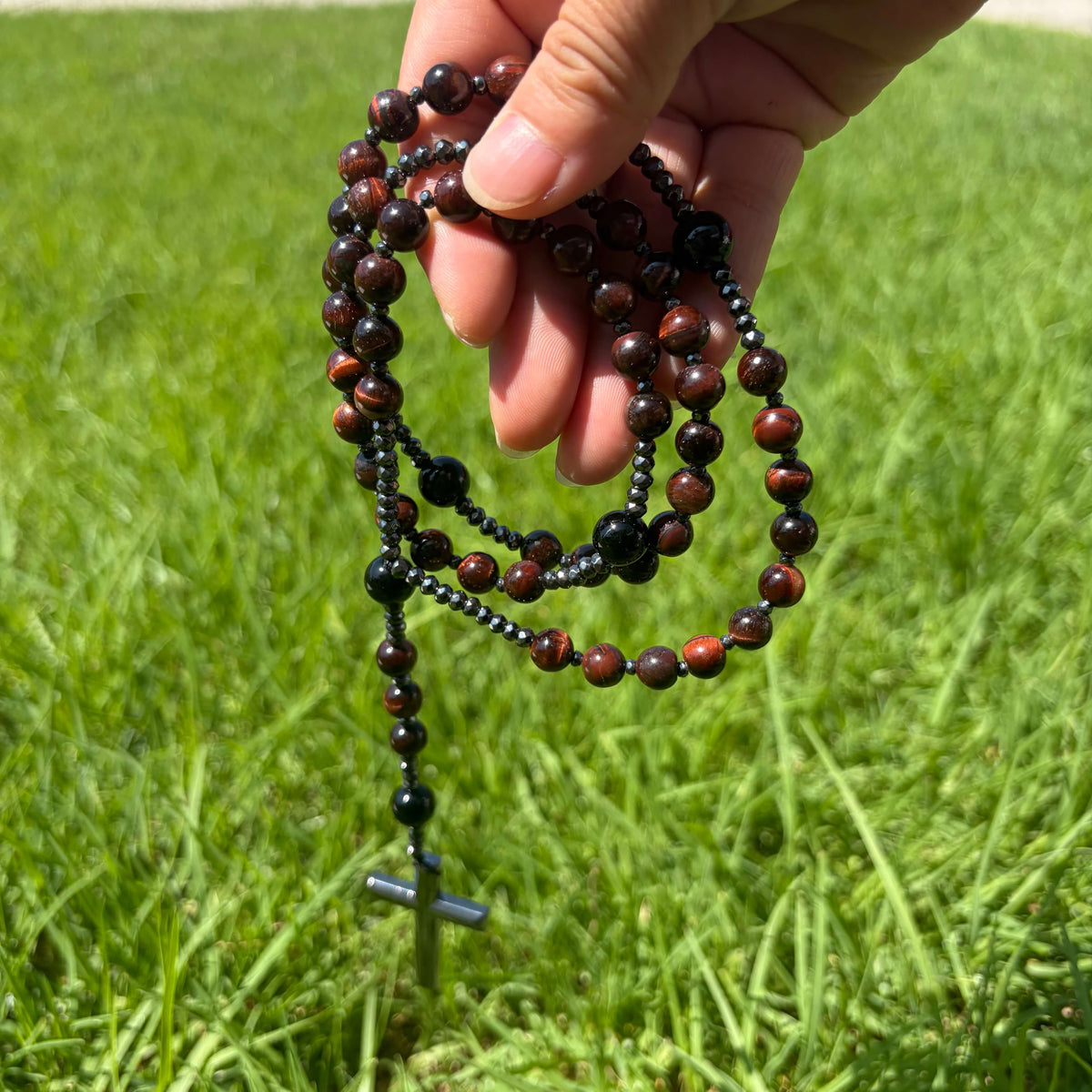 Natural Red Tiger Eye Rosary Necklace with Hematite Cross