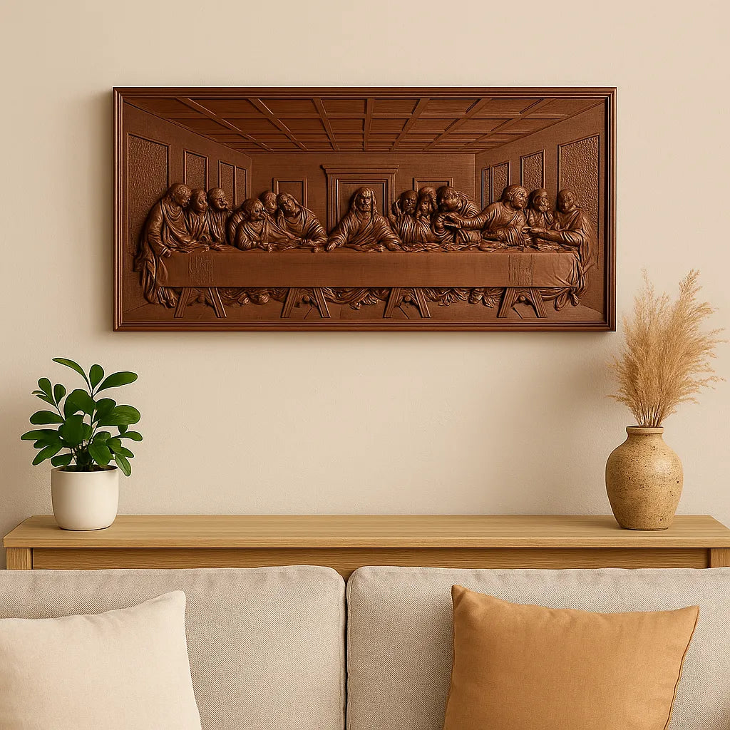 The Last Supper carved wooden wall art hanging above a beige sofa in an American-style living room, surrounded by warm lighting, cozy decor, and a peaceful Christian home atmosphere
