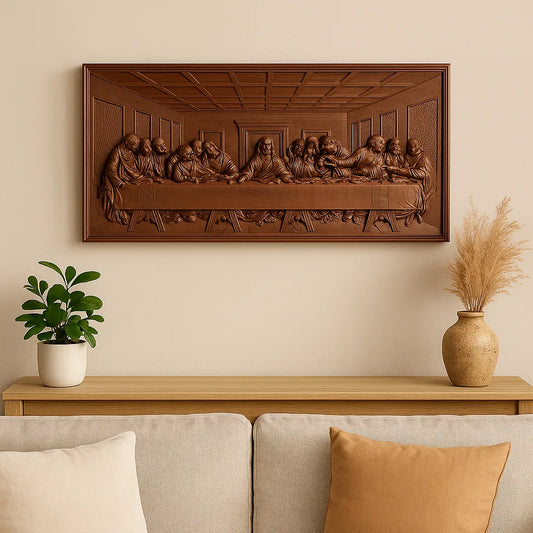 The Last Supper carved wooden wall art hanging above a beige sofa in an American-style living room, surrounded by warm lighting, cozy decor, and a peaceful Christian home atmosphere