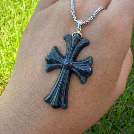 Natural Grade A Black Wuji Jadeite Cross Pendant - close-up detail