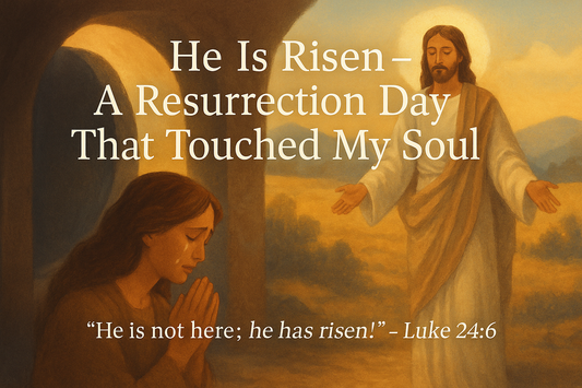 Jesus appears after His resurrection as a woman prays, with a message of hope and Luke 24:6 quoted