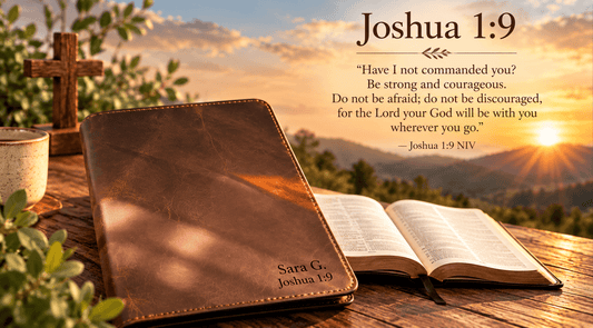 Personalized brown leather Bible cover with Joshua 1:9 engraving